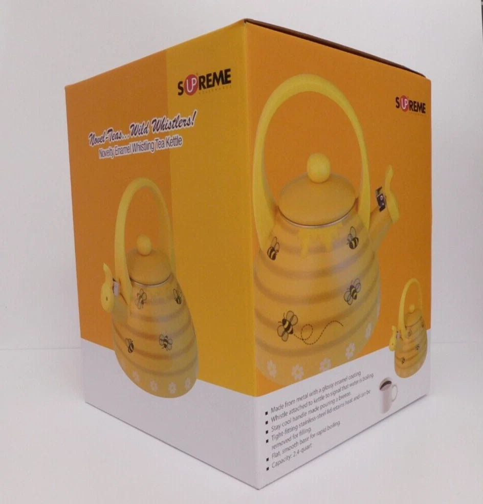 Supreme Novelty Enamel 2.4 Quart Whistling Stovetop Tea Kettle, Bee Hive *NEW*