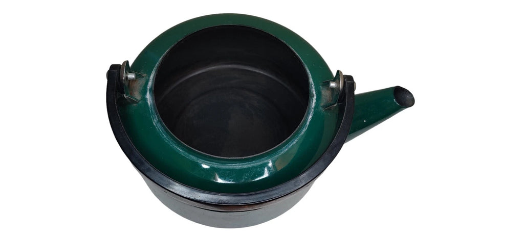 Vintage Teal Green Enamel Tea Kettle with Black Plastic Handle