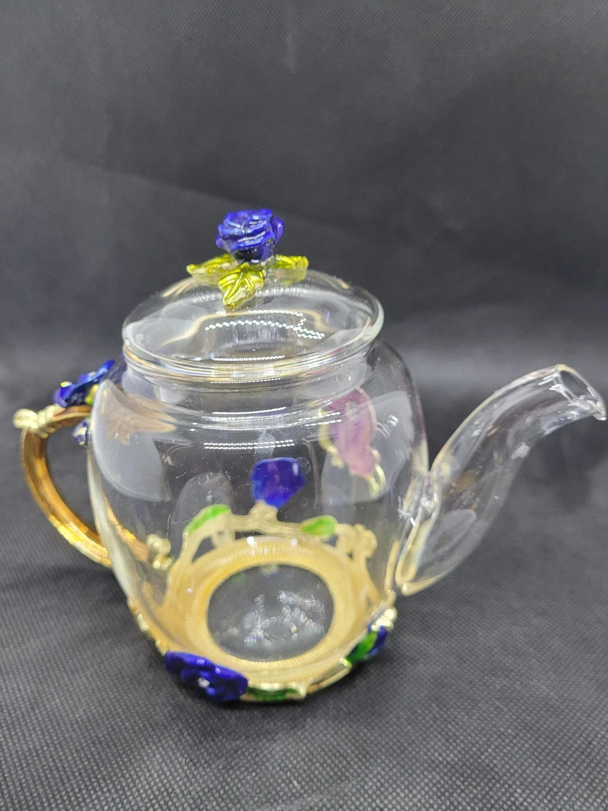 Teffania Teapot Handcrafted Crystal Glass W Blue Roses And Rhinestons 12 OZ  A12