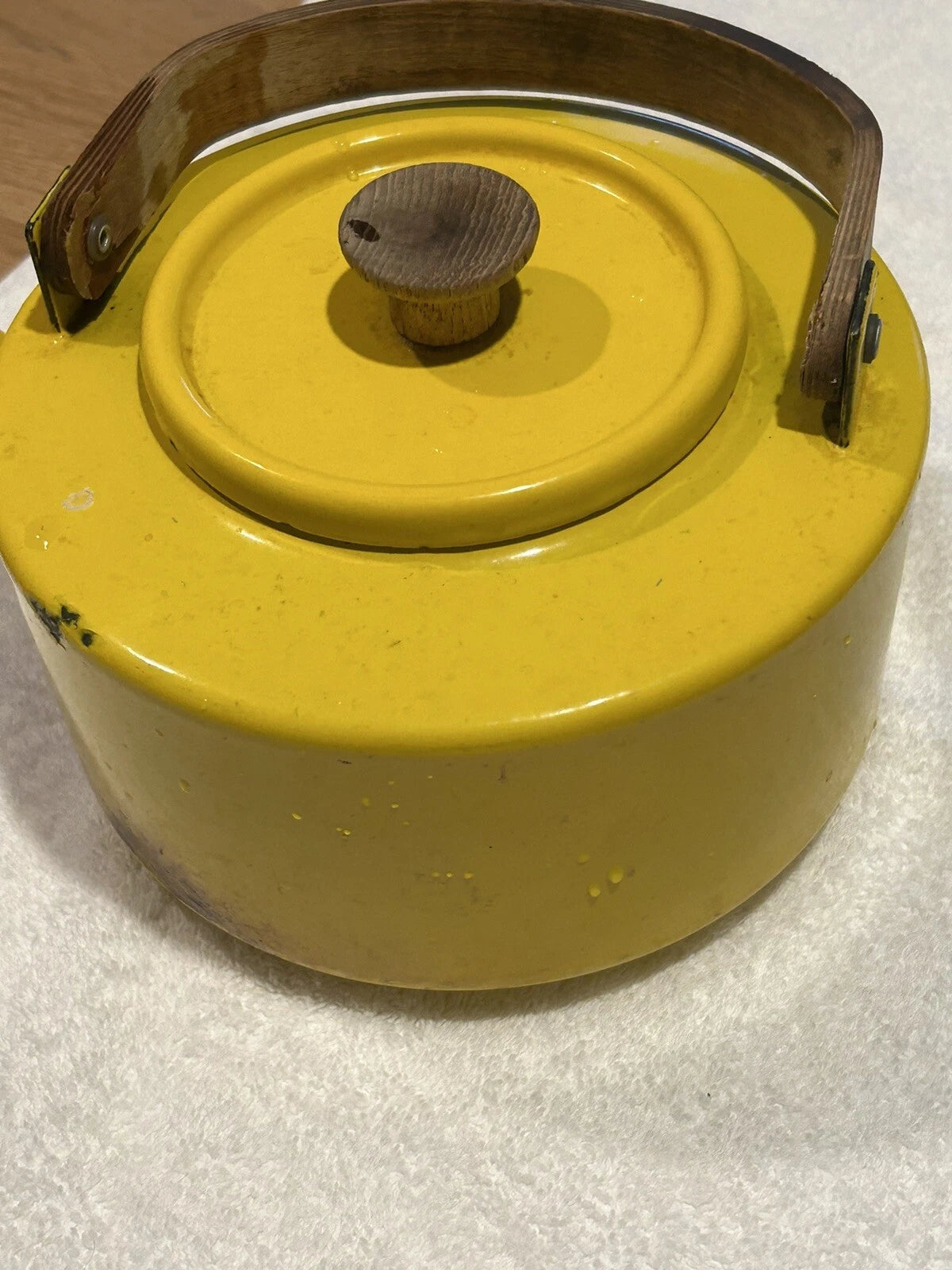 Enamelware Yellow teapot w wooden bentwood handle Copco Michael Lax Kettle retro
