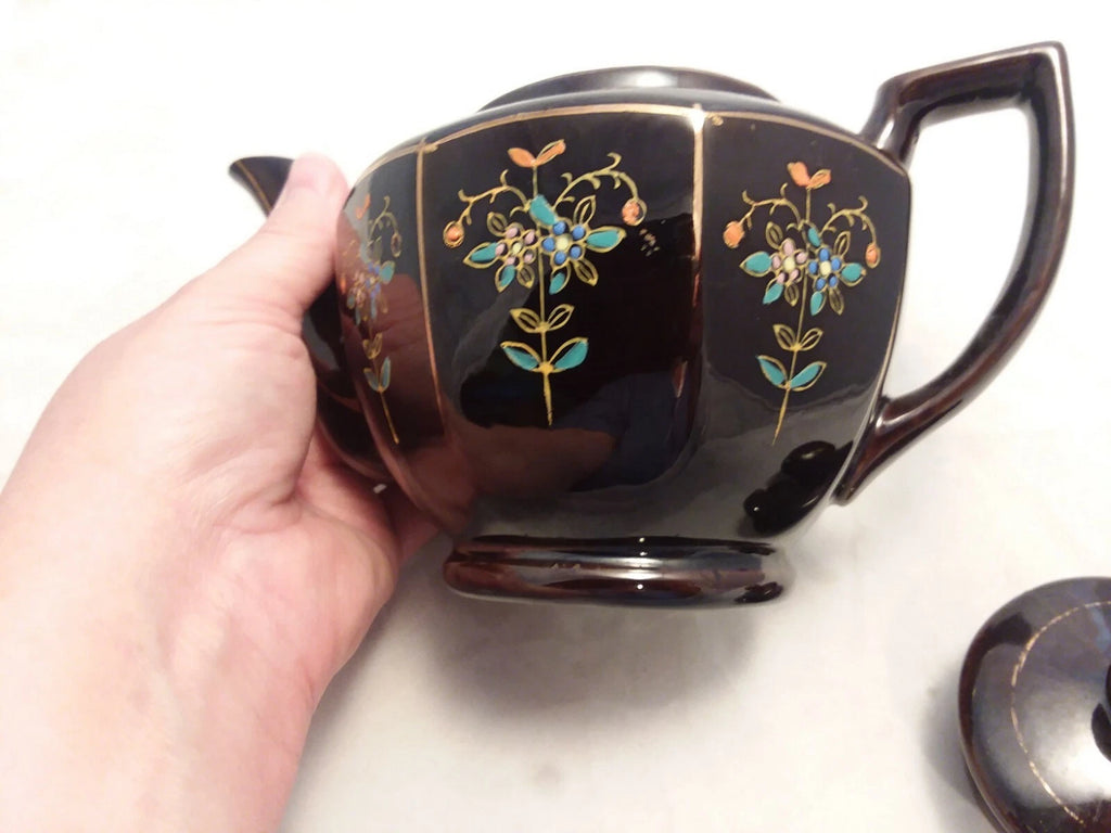 Japan Vintage Black Glazed Tea Pot Hand-painted Design Flowers Gold Trim Hexagon