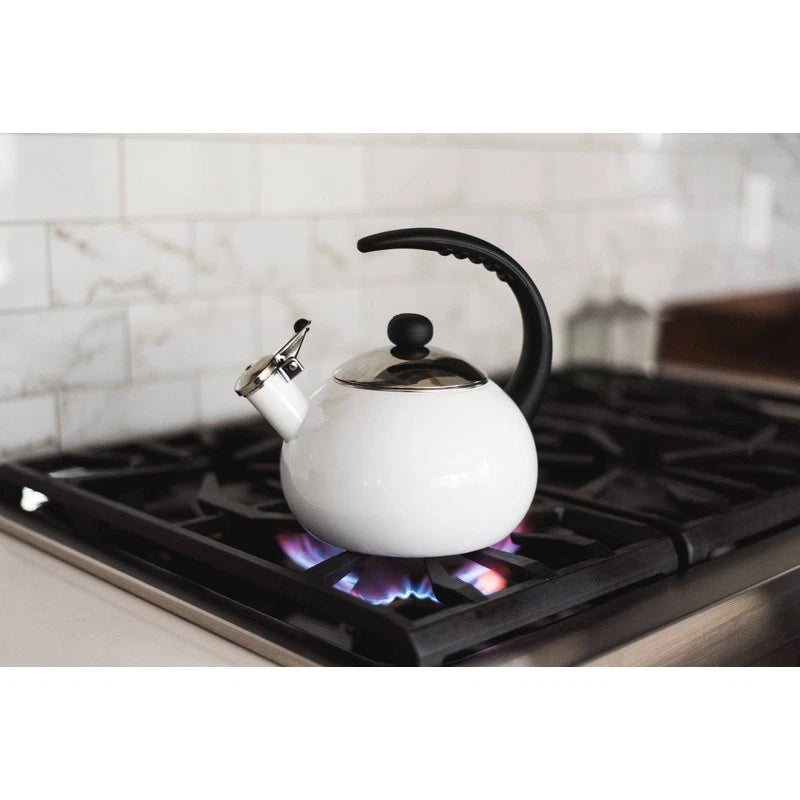 Porcelain Enamel Tea Kettle Stainless Steel Lid Bakelite Handle Stay Cool White