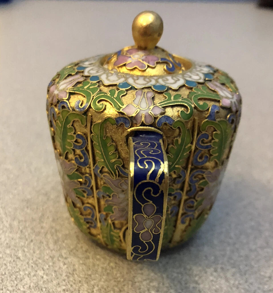 Vintage Cloisonne Enamel and Bronze Floral Teapot Blue Tip, White Top