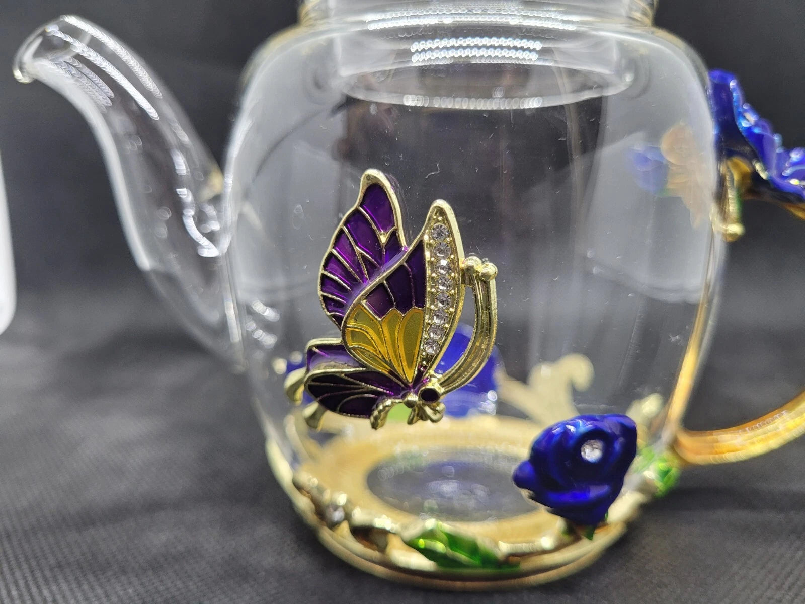 Teffania Teapot Handcrafted Crystal Glass W Blue Roses And Rhinestons 12 OZ  A12