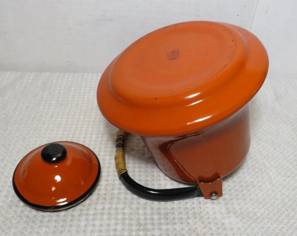 Vintage MCM Orange Black Baked Enamelware Tea Pot Kettle Japan Mod Kitchen