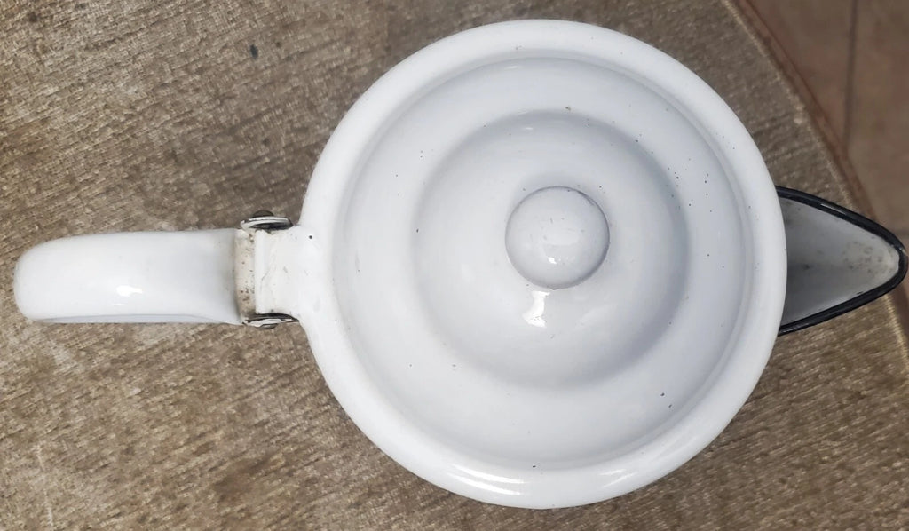 Graniteware Teapot White with Black Trim Enamelware Coffee Pot Vintage