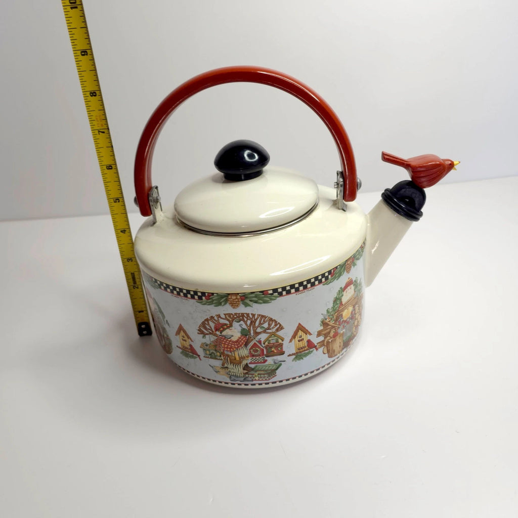 Debbie Mumm Woodland Santa Whistling Tea Kettle 2.5 Qt Porcelain Enamel 1999