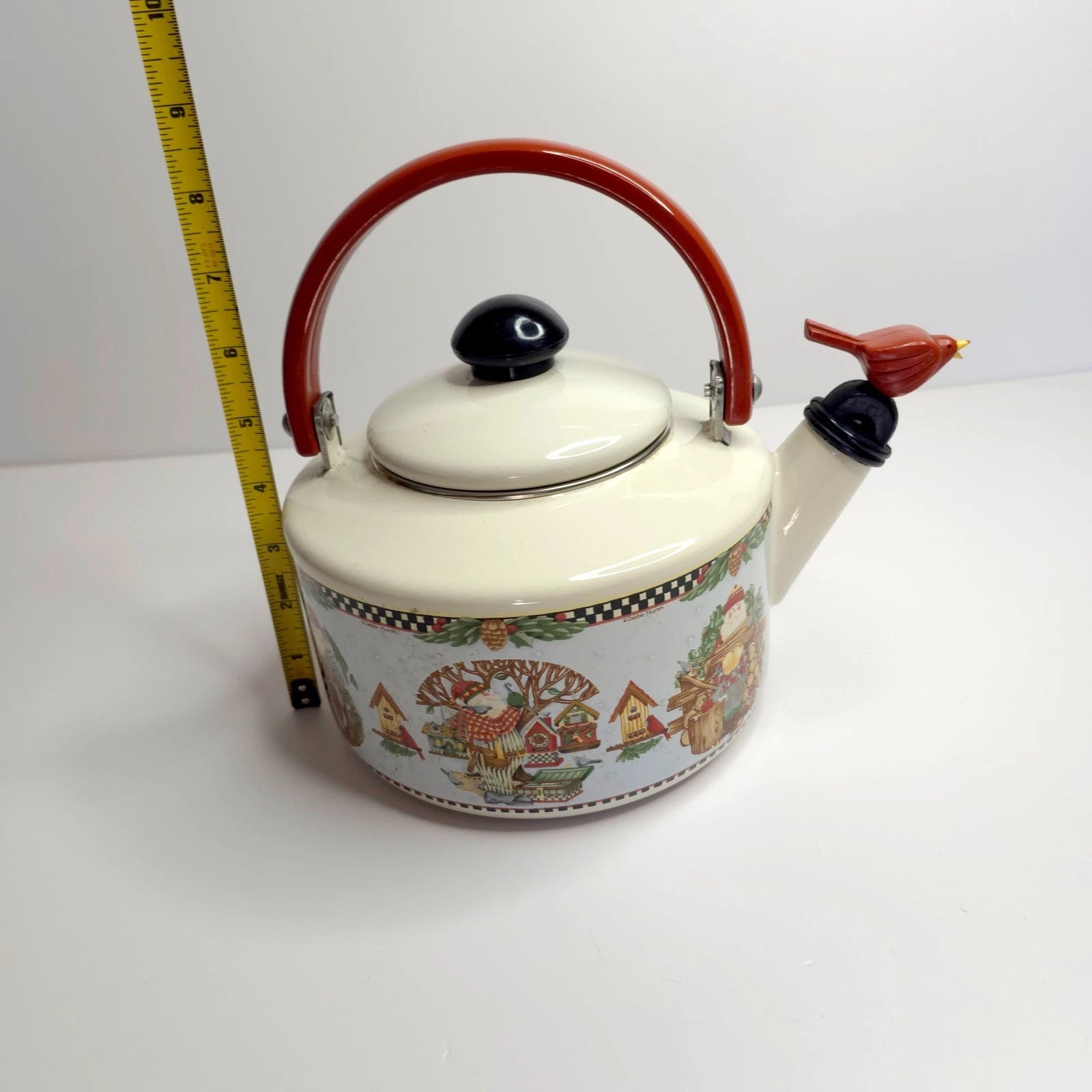 Debbie Mumm Woodland Santa Whistling Tea Kettle 2.5 Qt Porcelain Enamel 1999