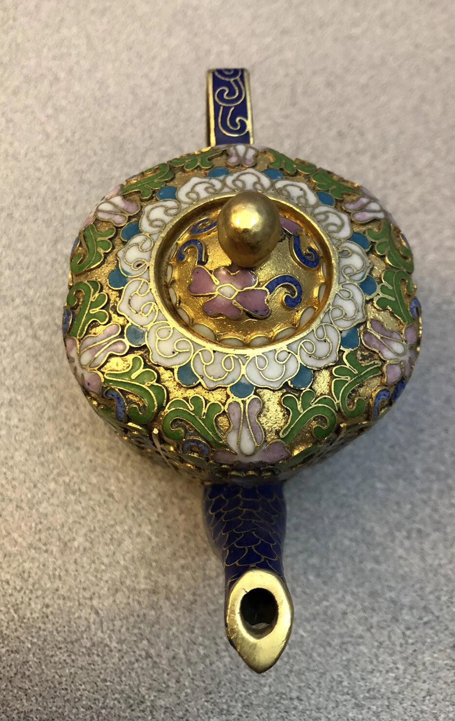 Vintage Cloisonne Enamel and Bronze Floral Teapot Blue Tip, White Top