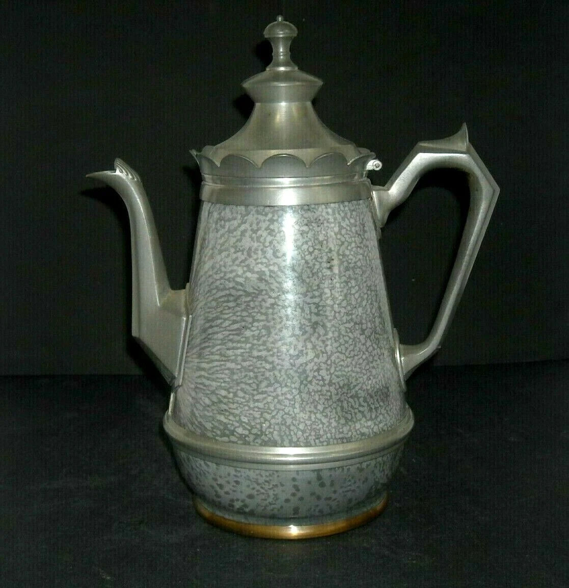 Early (1890 - 1905) Pewter-Trimmed Grey Graniteware Teapot - Enamel Ware