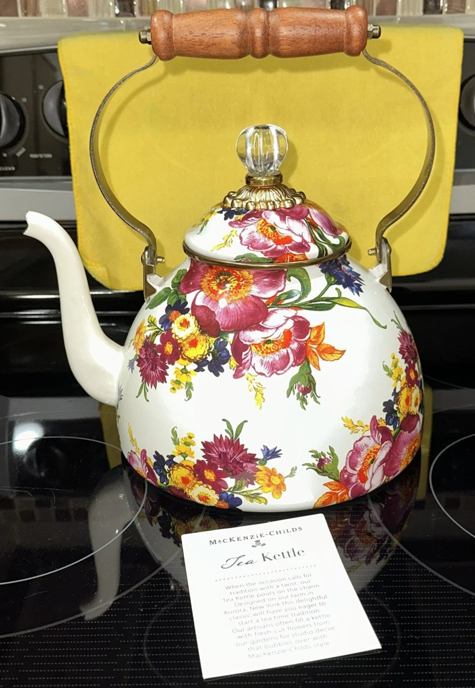 Mackenzie - Childs “White Flower Market” 3qt Enamel Tea Kettle NEW Open Box