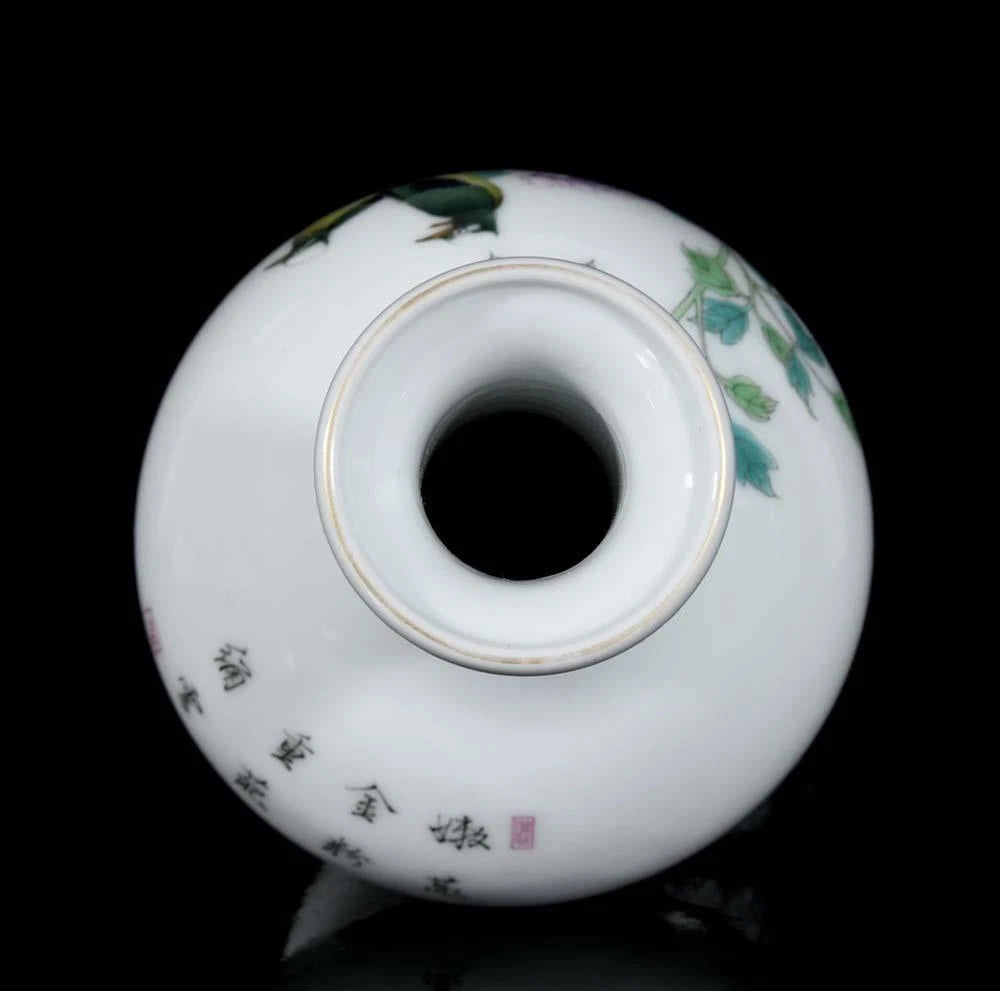 Yongzheng Signed Old Chinese Colour Enamel Vase W/bird N3274