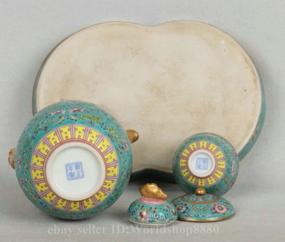 8.5" Yongzheng Marked Enamel Porcelain Gilt Flower Pattern Tea Pot Cup Plate Set