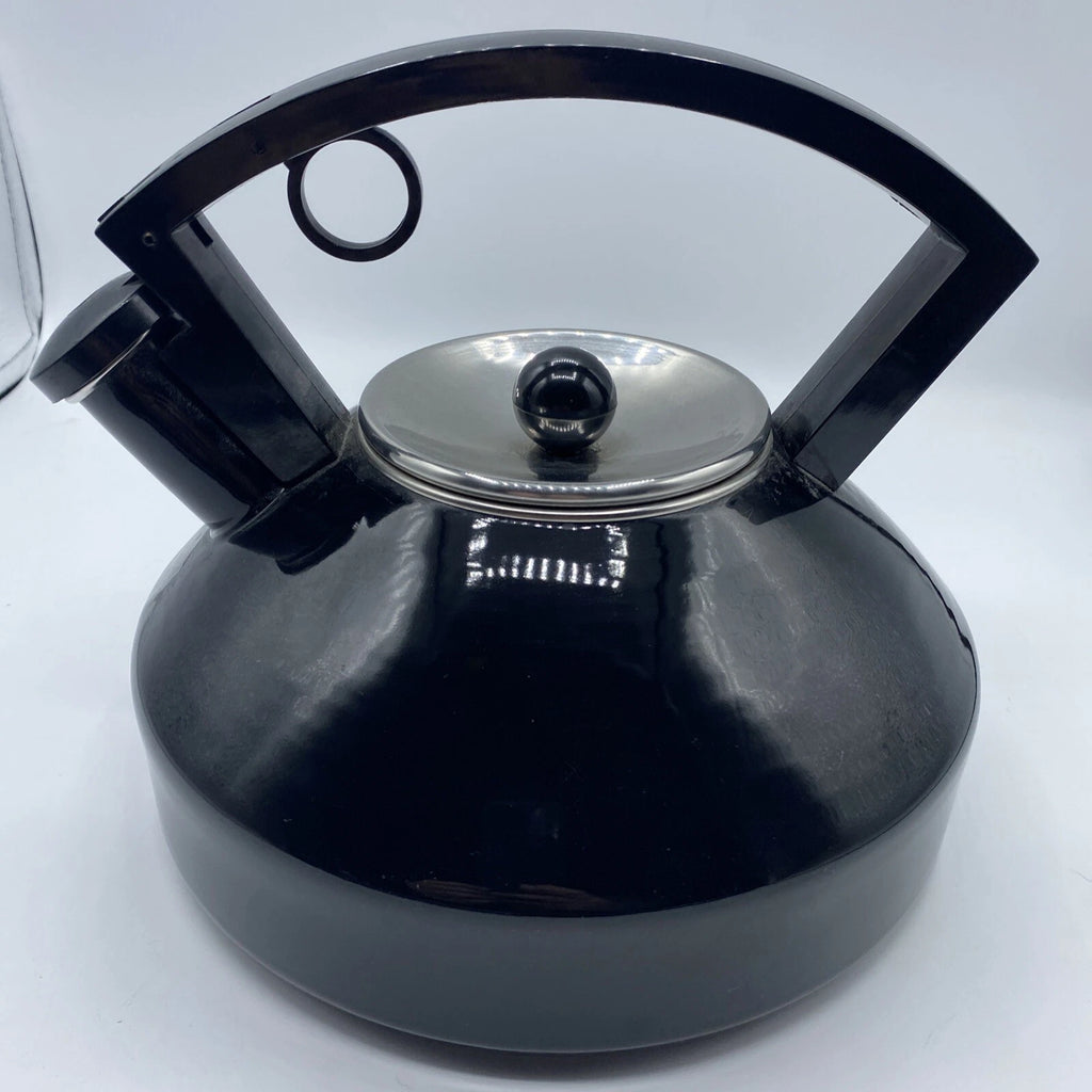 Vintage Black Enamel Tea Kettle Metal Sleek Design Silver Lid Black Knob