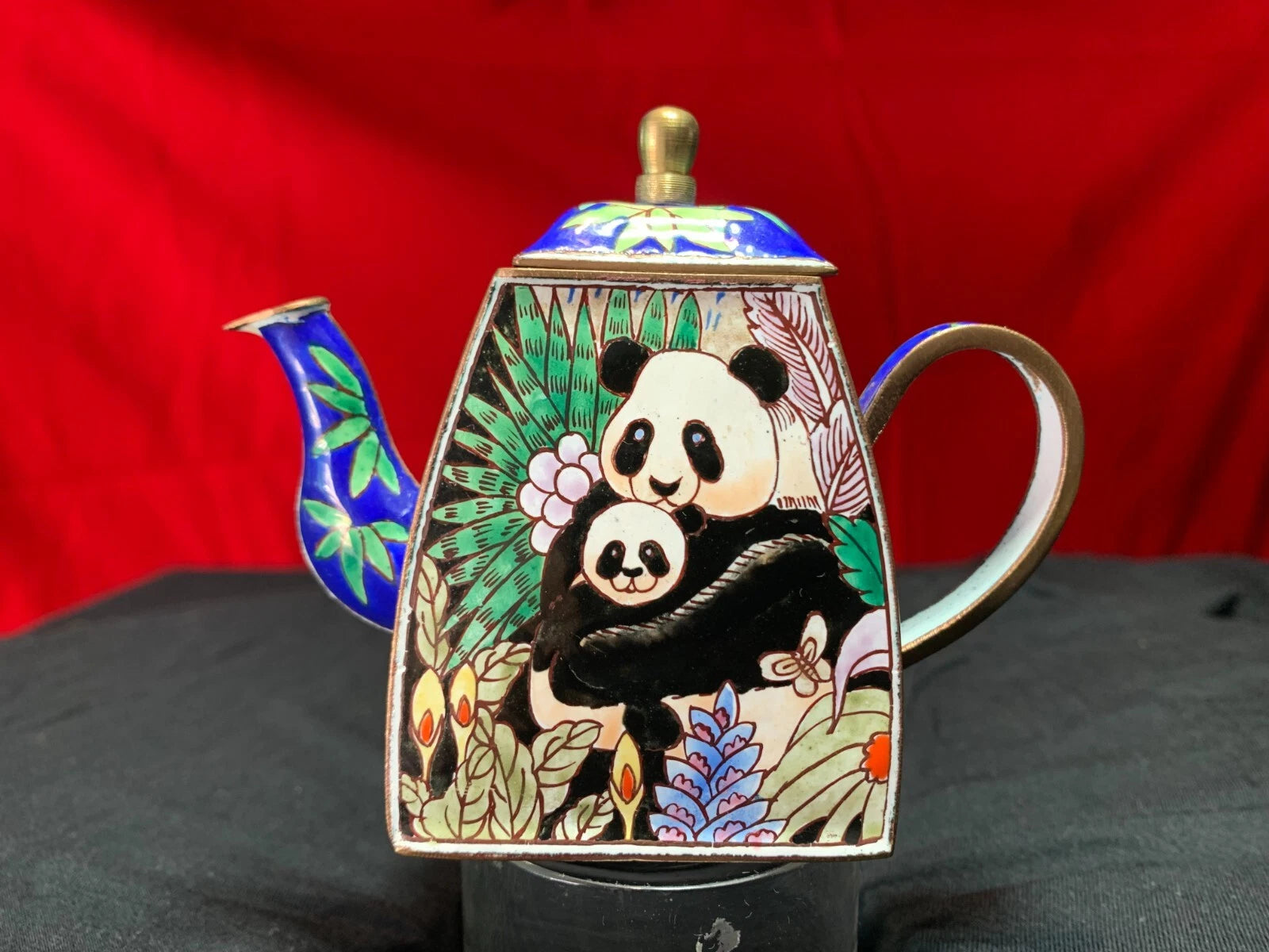 John Clementson Miniature Brass and Enamel Teapot with Panda