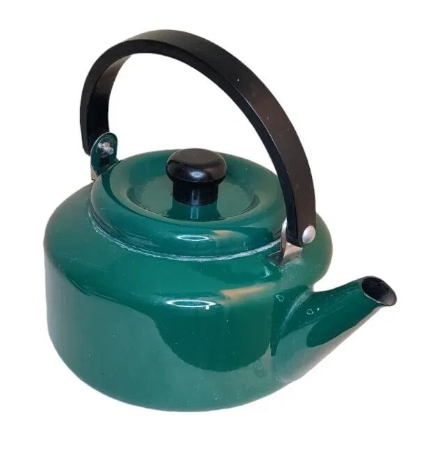 Vintage Teal Green Enamel Tea Kettle with Black Plastic Handle