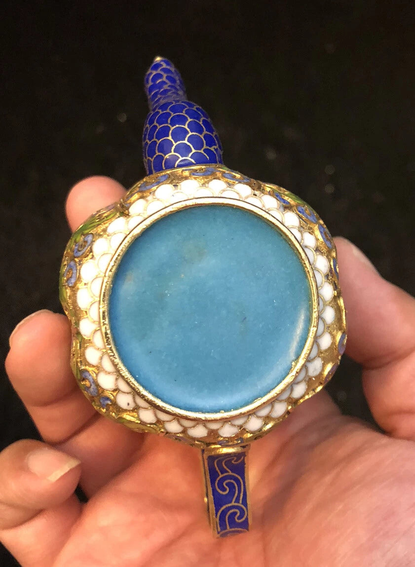 Vintage Cloisonne Enamel and Bronze Floral Teapot Blue Tip, White Top