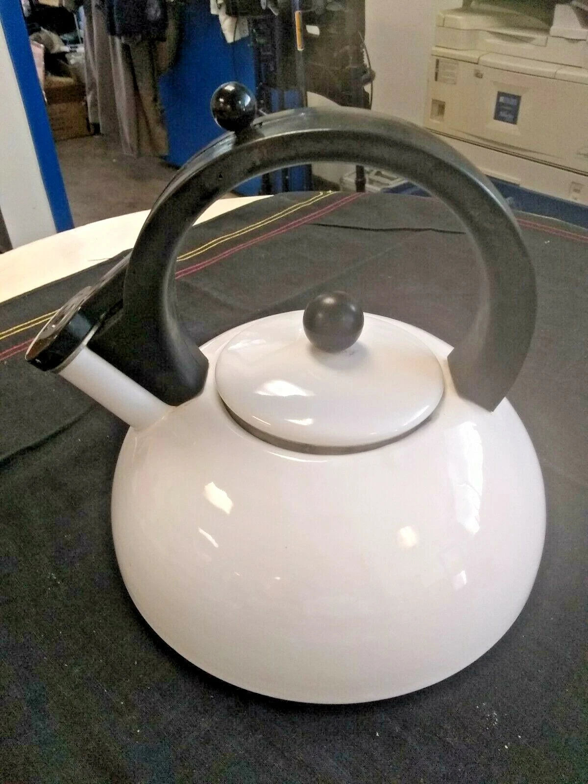 Vintage Copco Enamel Coated  White Tea Kettle Black Handle