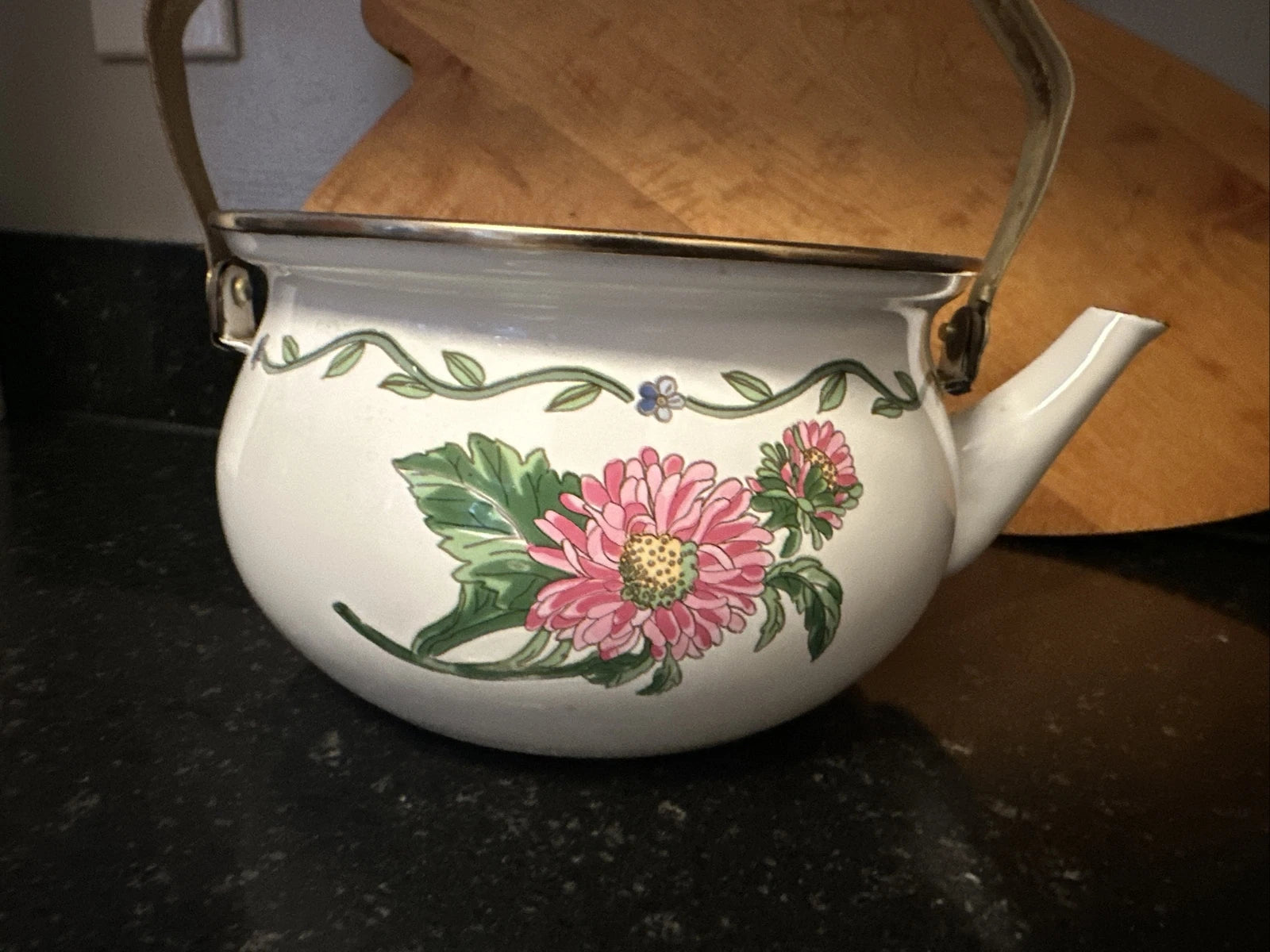 White Enamel Tea Kettle With Floral Design With Wooden Handle Farm Cottagecore