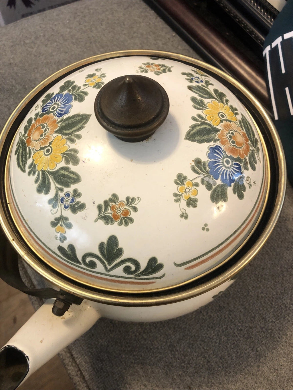 ASTA Enamelware Tea Kettle 1960s Teapot Brass Handles Floral Vintage 7”