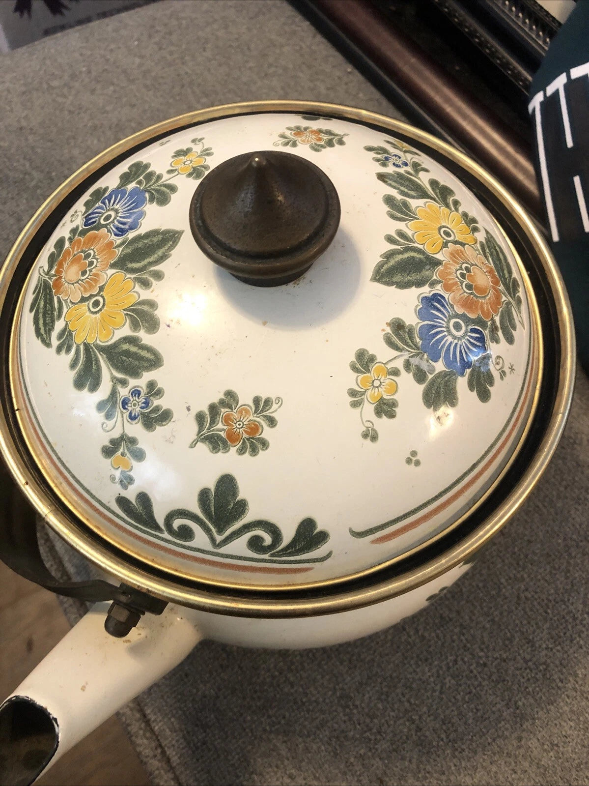 ASTA Enamelware Tea Kettle 1960s Teapot Brass Handles Floral Vintage 7”