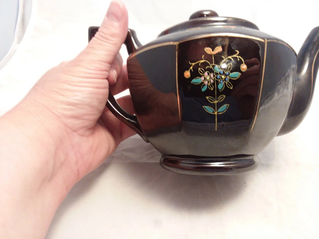 Japan Vintage Black Glazed Tea Pot Hand-painted Design Flowers Gold Trim Hexagon