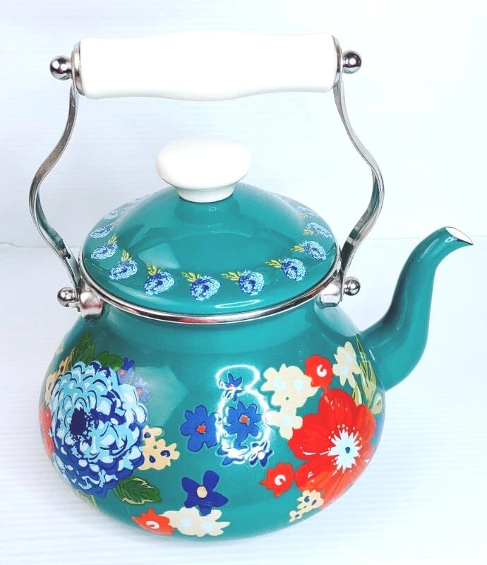 Pioneer Woman Enamel on Steel Dazzling Dahlias Tea Kettle, Excellent Gently Used