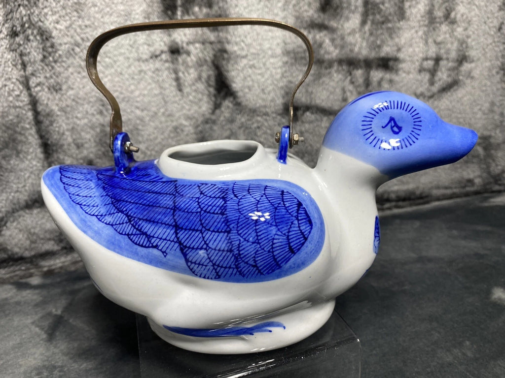 Vintage Duck Teapot, Tea Bag Holder Lid Blue White Floral Porcelain Metal Handle