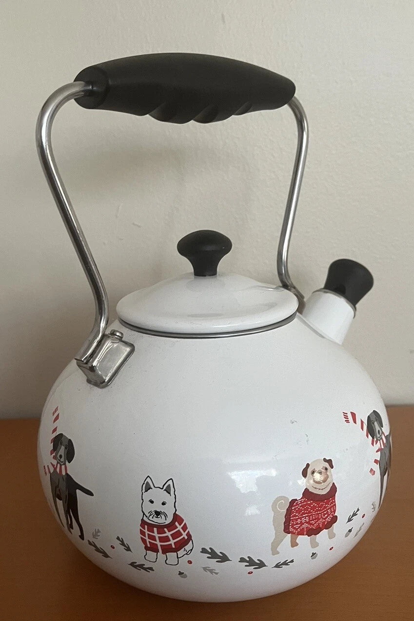 Martha Stewart  Enamel on Steel 2 Quart Christmas Tea Kettle Teapot Dogs As Is