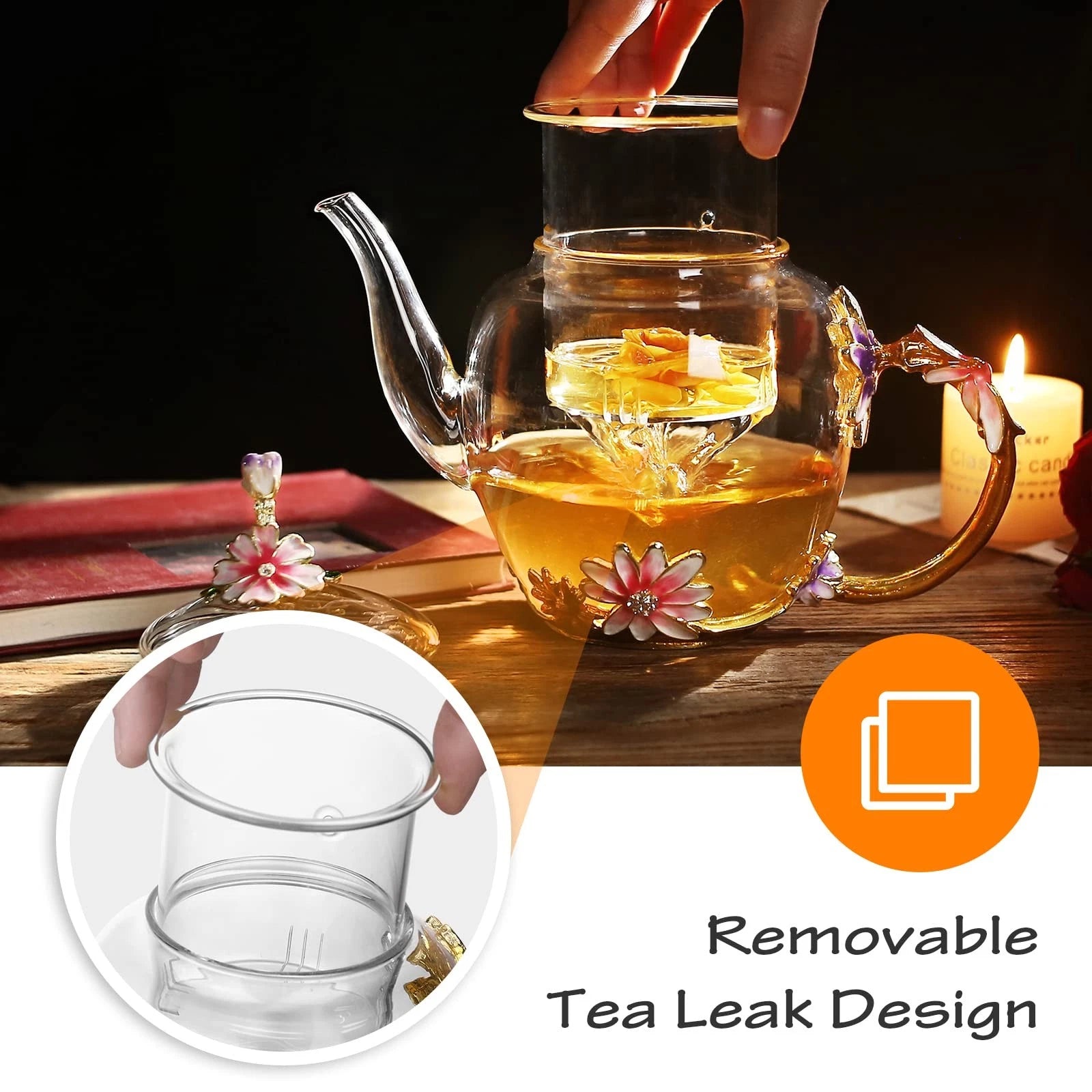 35OZ Enamel Glass Flower Teapot With Removable Loose Tea Leaf Infuser Tea Mak...