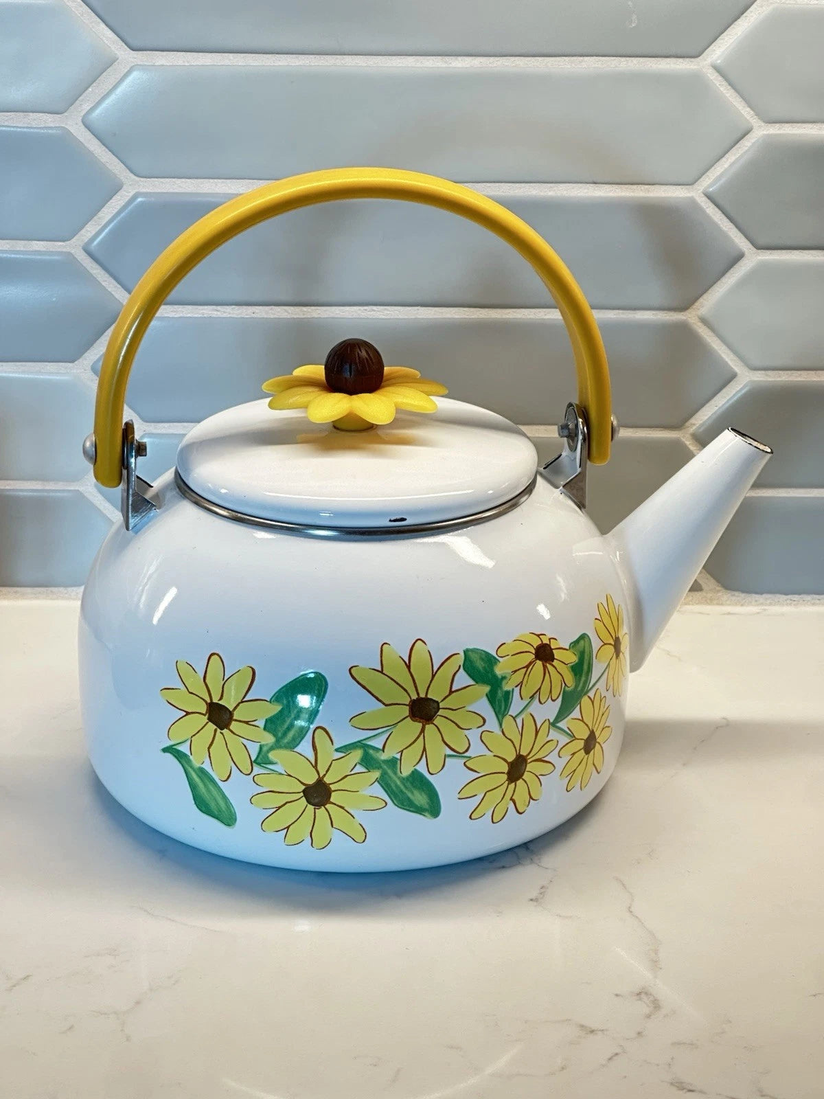 Vintage Yellow Enamel Teapot Wooden Handle Daisy Flowers MCM Retro Metal