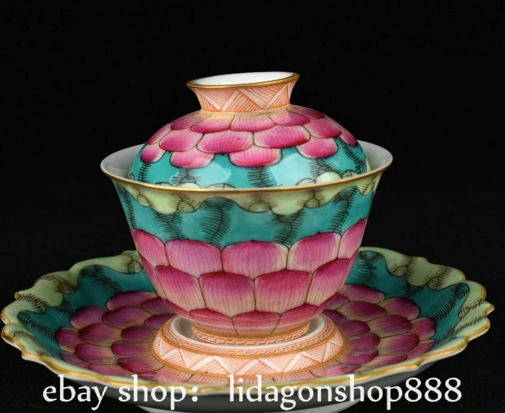 6.2" Old Chinese Qianlong Enamel Porcelain Lotus Flower Lid Tea Plate Tray