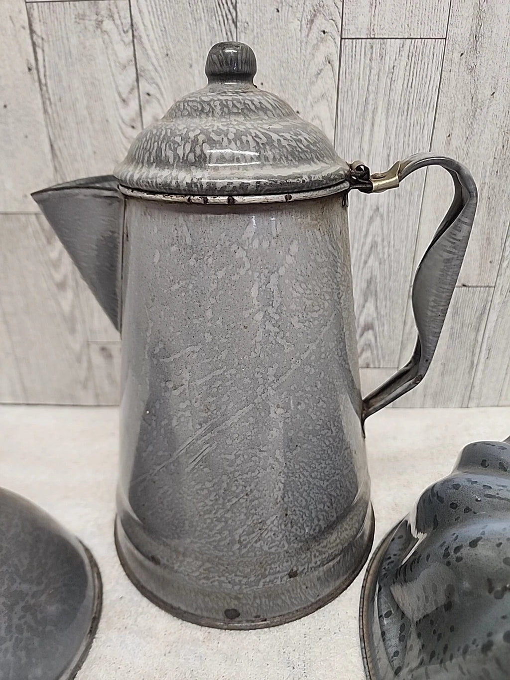 Stunning Vtg Grey Enamel Splatterware Lot Agate Can. Spout Teapot Bundt Pan Farm