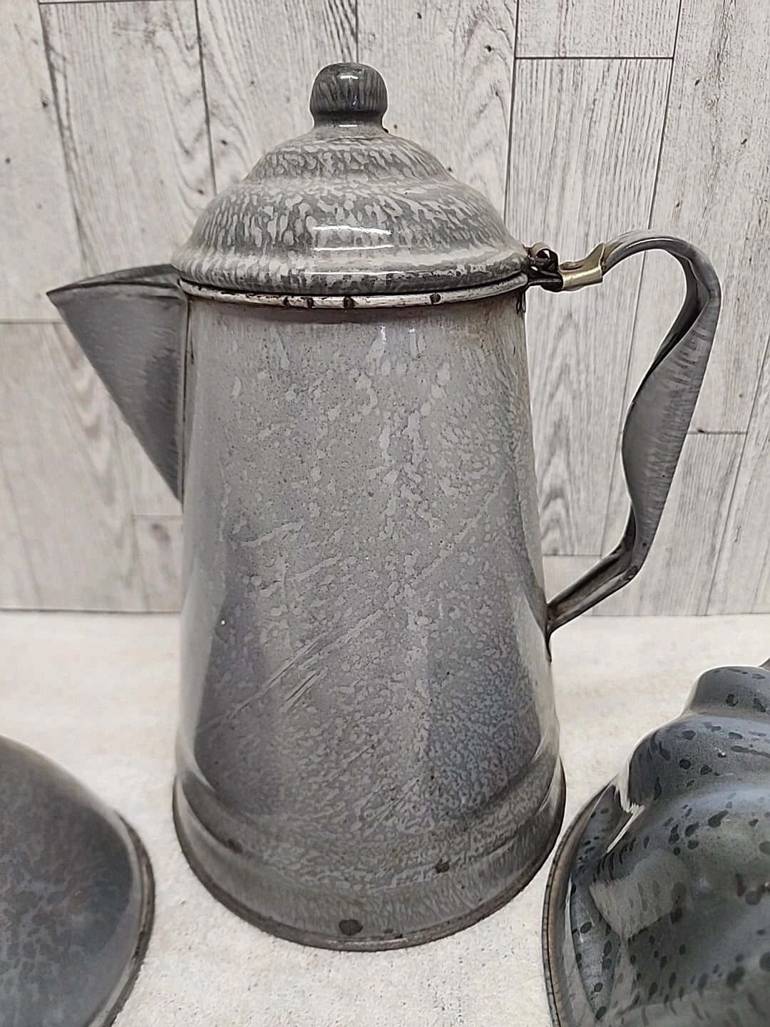 Stunning Vtg Grey Enamel Splatterware Lot Agate Can. Spout Teapot Bundt Pan Farm