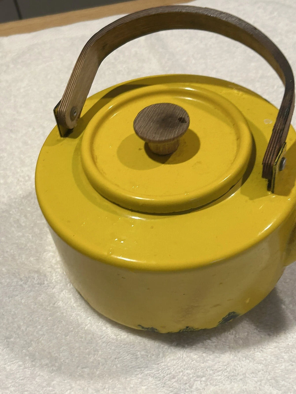 Enamelware Yellow teapot w wooden bentwood handle Copco Michael Lax Kettle retro
