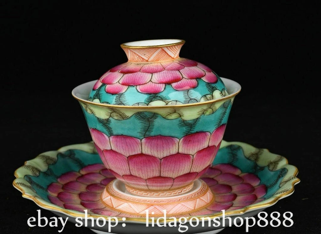 6.2" Old Chinese Qianlong Enamel Porcelain Lotus Flower Lid Tea Plate Tray