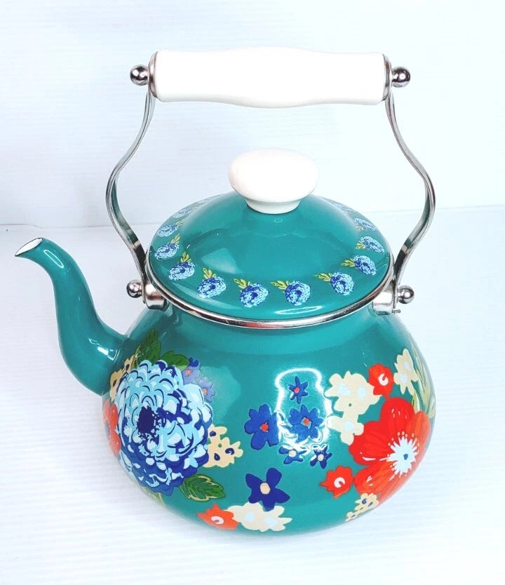Pioneer Woman Enamel on Steel Dazzling Dahlias Tea Kettle, Excellent Gently Used