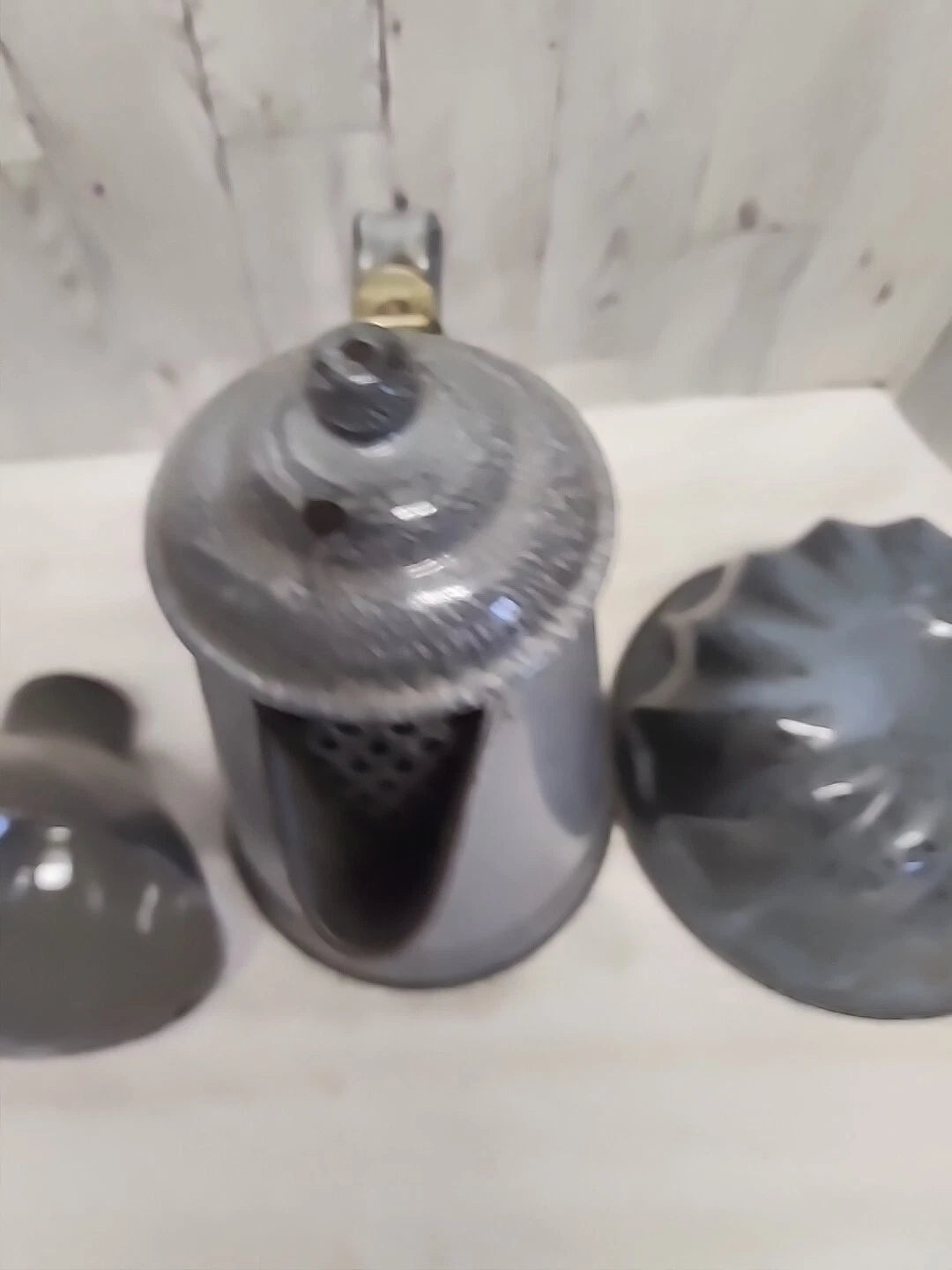 Stunning Vtg Grey Enamel Splatterware Lot Agate Can. Spout Teapot Bundt Pan Farm