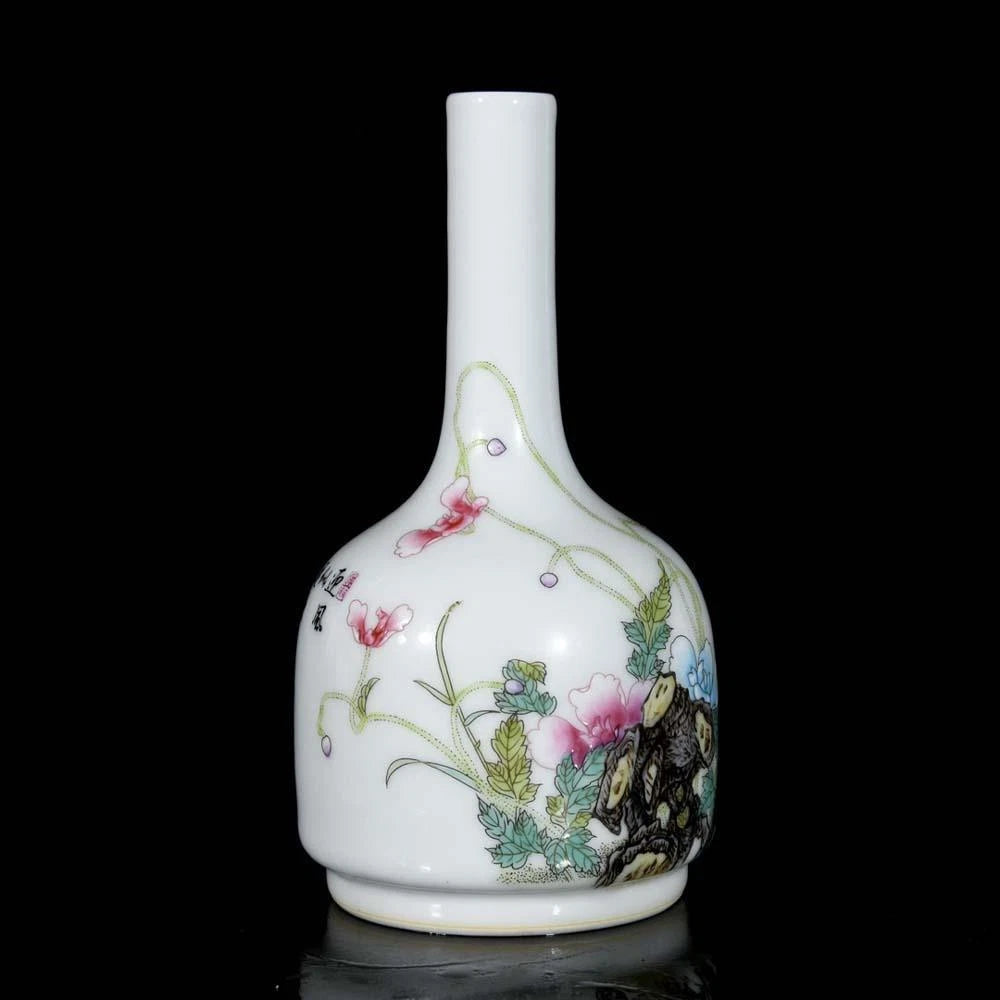 Qianlong Signed Pair Old Chinese Colour Enamel Vase W/flower N3582