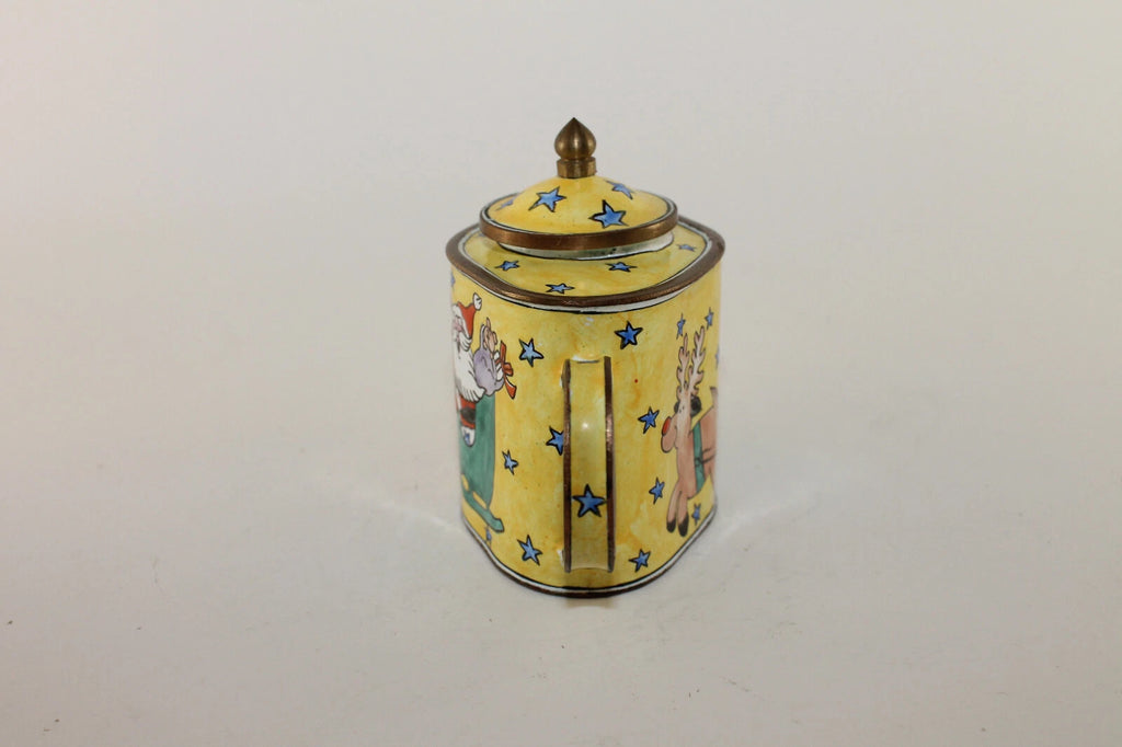 Vintage Collectible Kelvin Chen Enamel Miniature Yellow Teapot Santa w Reindeer