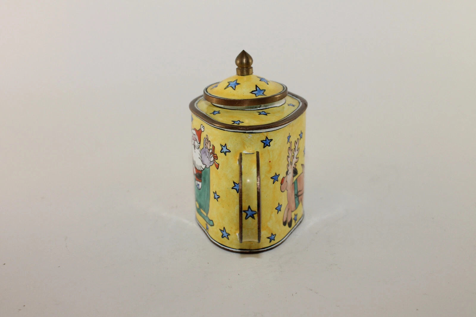 Vintage Collectible Kelvin Chen Enamel Miniature Yellow Teapot Santa w Reindeer