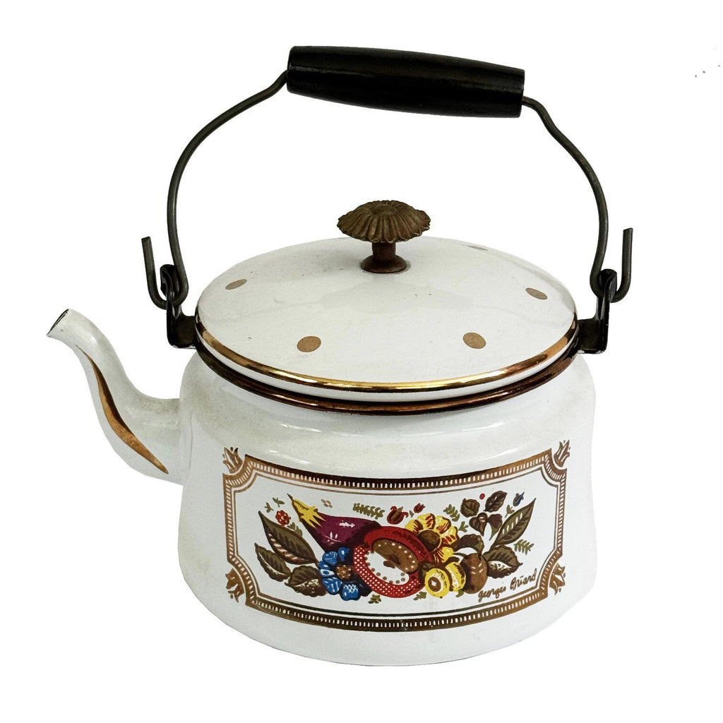 GEORGES BRIARD Tea Kettle Enamelware Fruit Vegetables Gold Accents Mid Century
