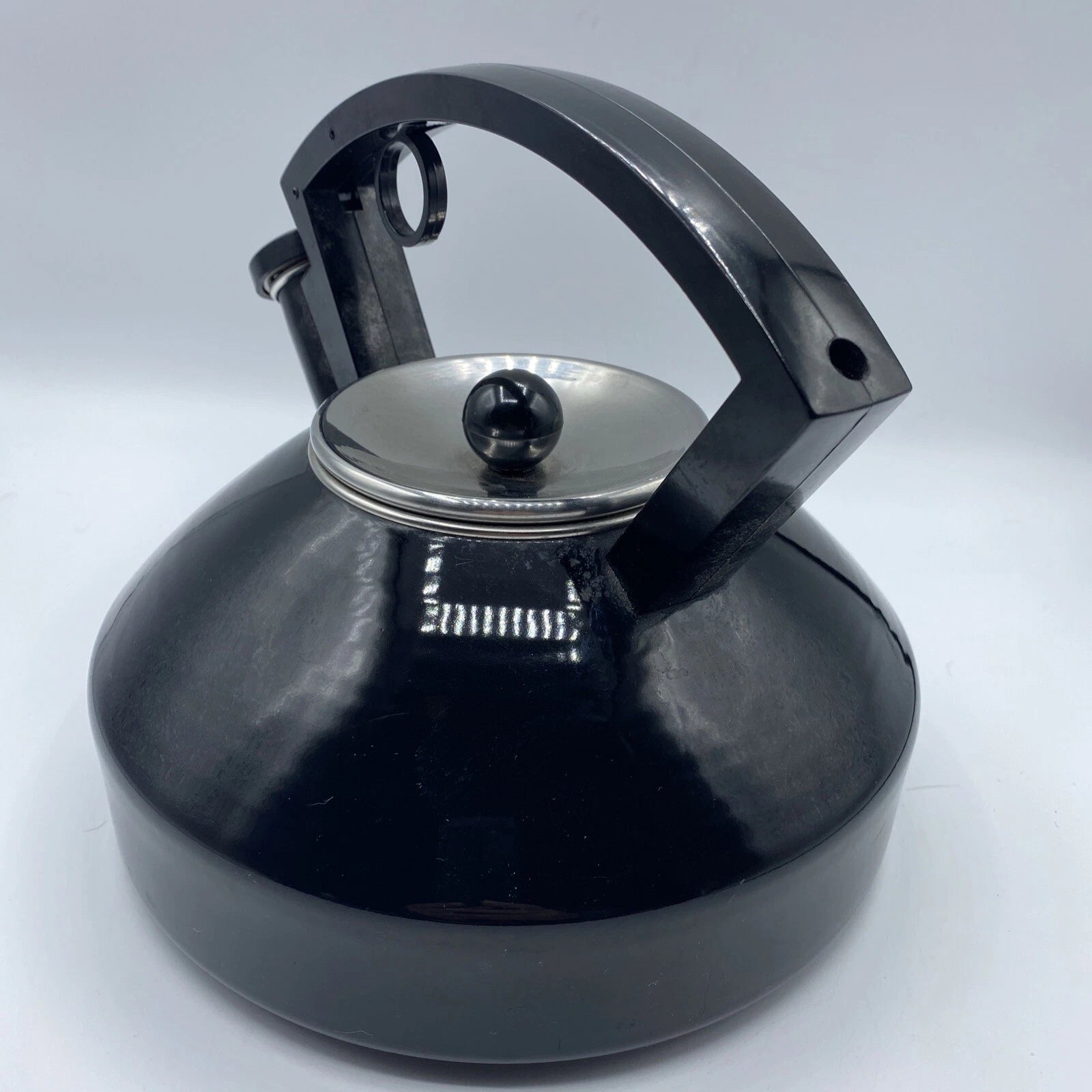 Vintage Black Enamel Tea Kettle Metal Sleek Design Silver Lid Black Knob