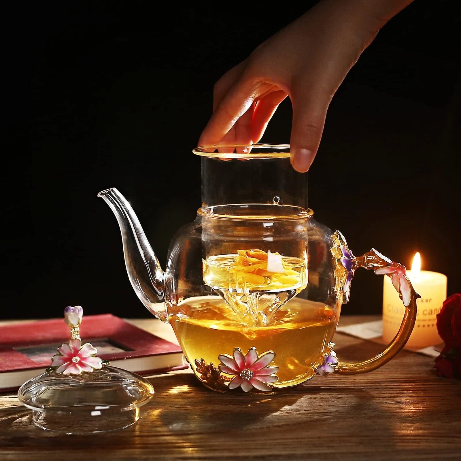 35OZ Enamel Glass Flower Teapot With Removable Loose Tea Leaf Infuser Tea Mak...