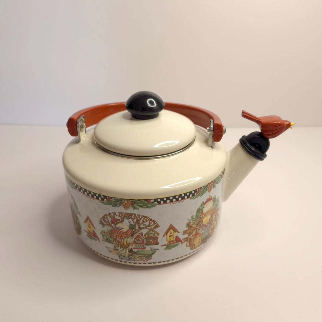 Debbie Mumm Woodland Santa Whistling Tea Kettle 2.5 Qt Porcelain Enamel 1999