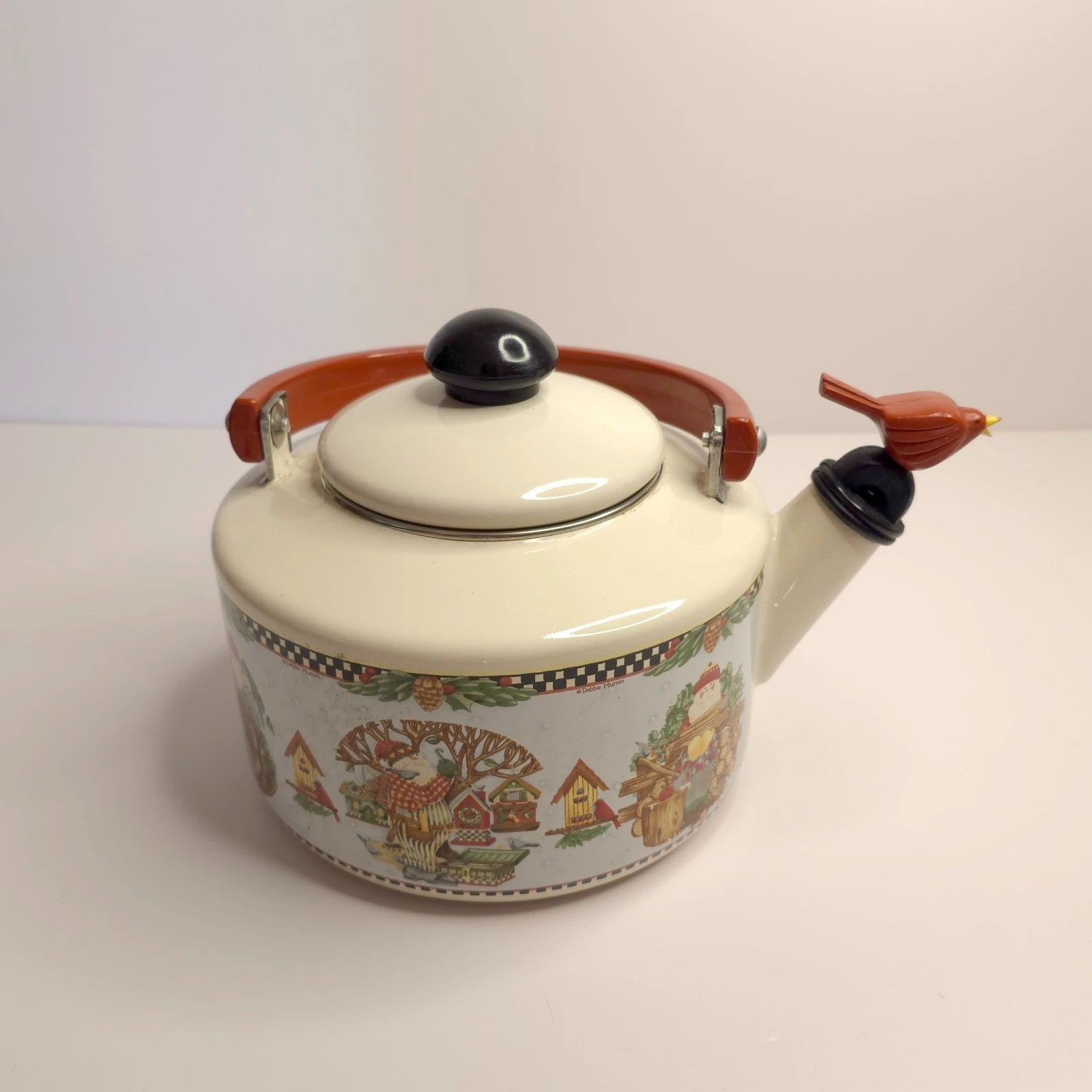 Debbie Mumm Woodland Santa Whistling Tea Kettle 2.5 Qt Porcelain Enamel 1999