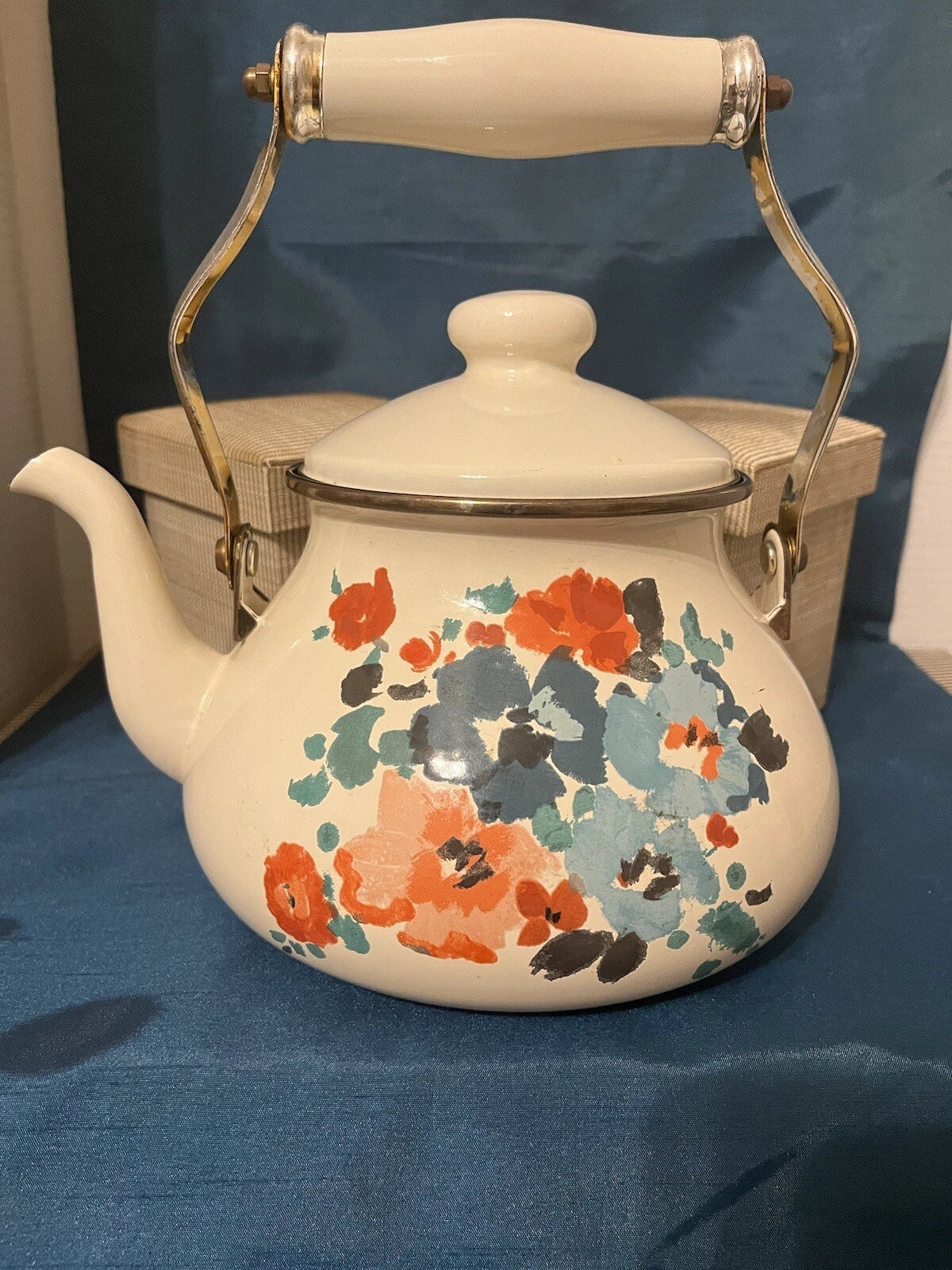 RARE Enamel Floral Tea Kettle - White W Orange & Teal Flowers - Pretty For Fall