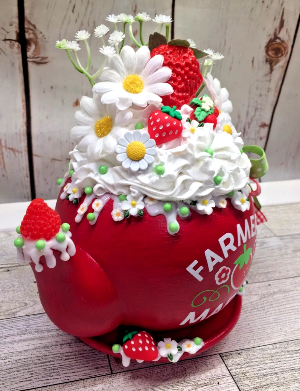Cute  Farmers Market Strawberry & Daisies Themed Fake Whipped Cream Teapot