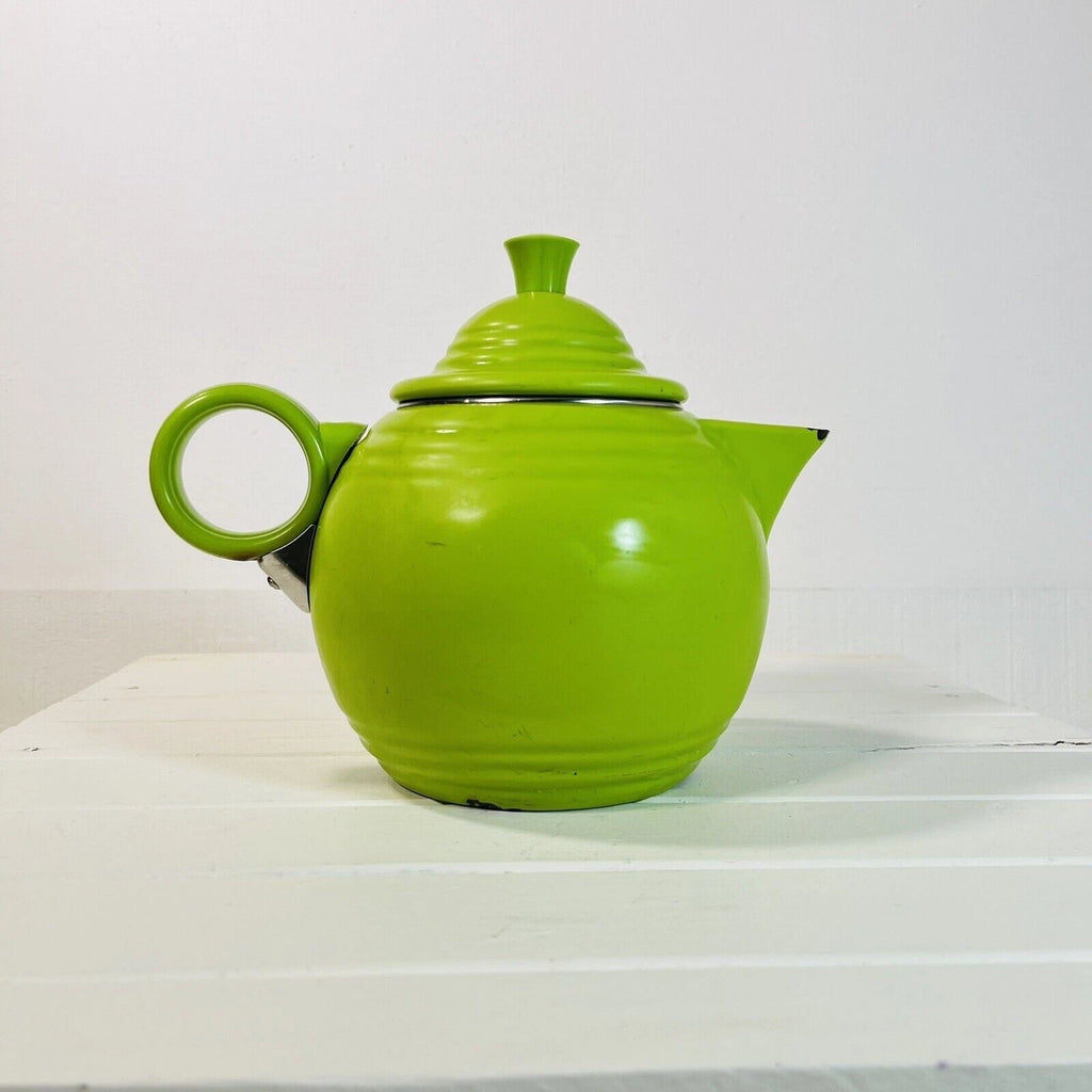 VINTAGE FIESTA MCM ENAMEL ON STEEL METAL CHARTREUSE GREEN TEA KETTLE TEAPOT