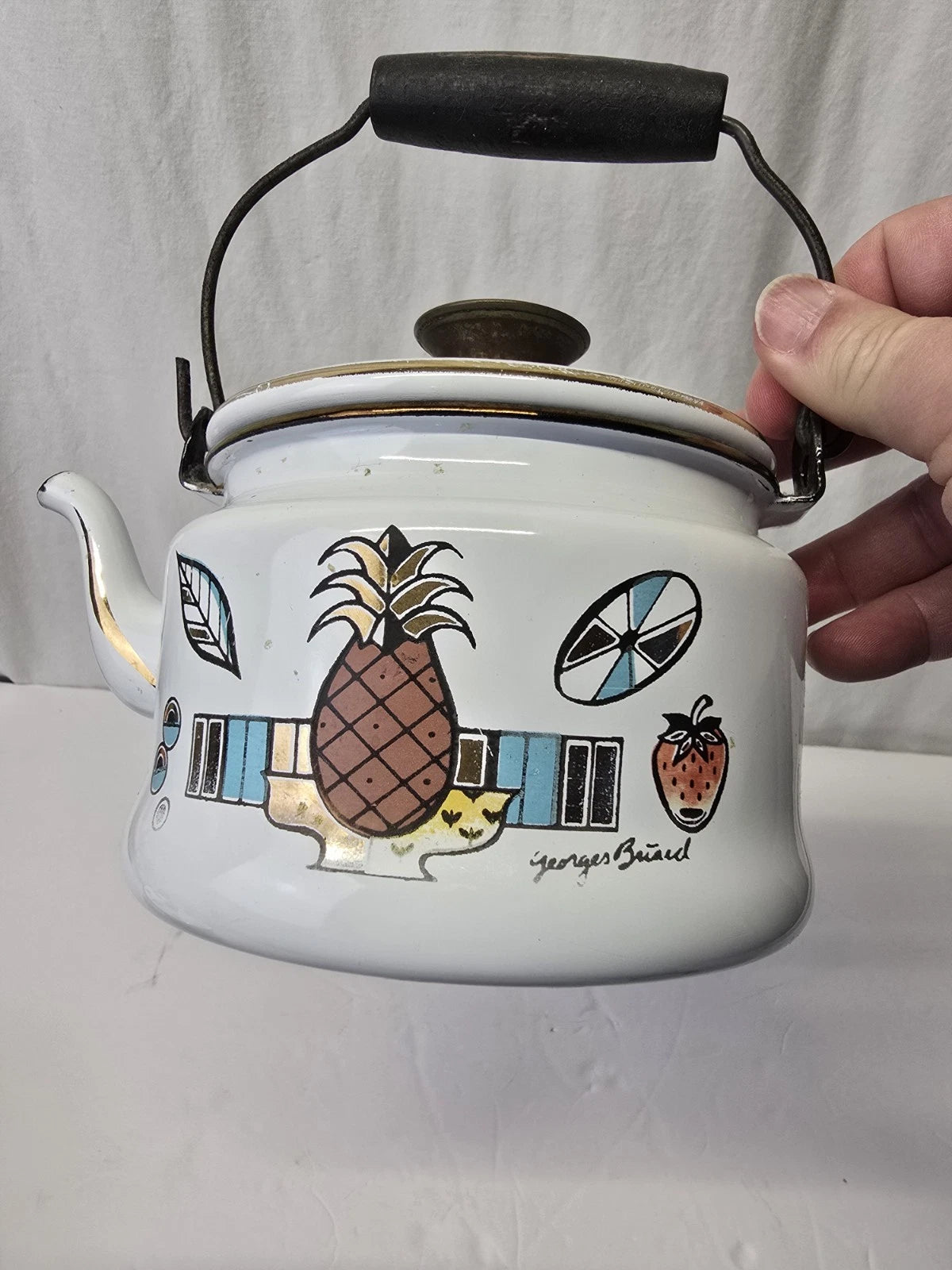 Georges Briard AMBROSIA PINEAPPLE Enamelware Teapot, Vintage